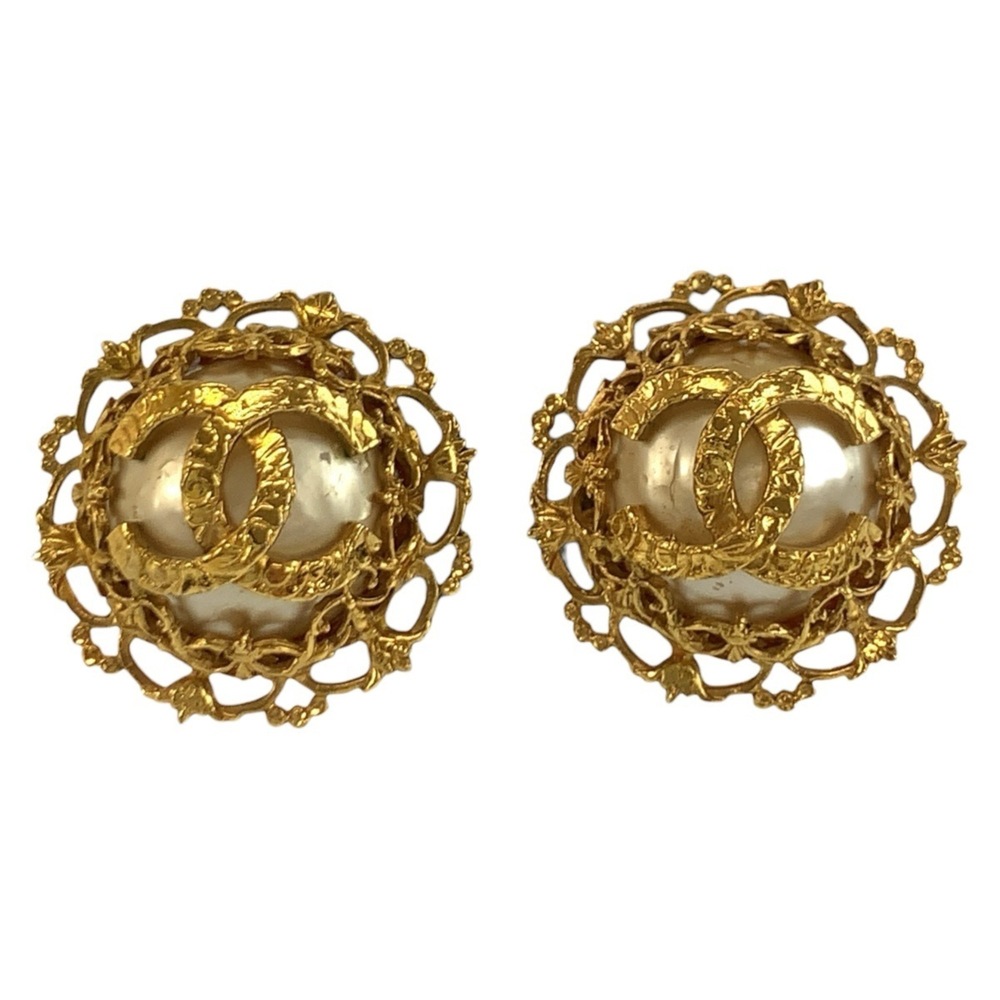 CHANEL Vintage Gold Pearl Logo Earrings